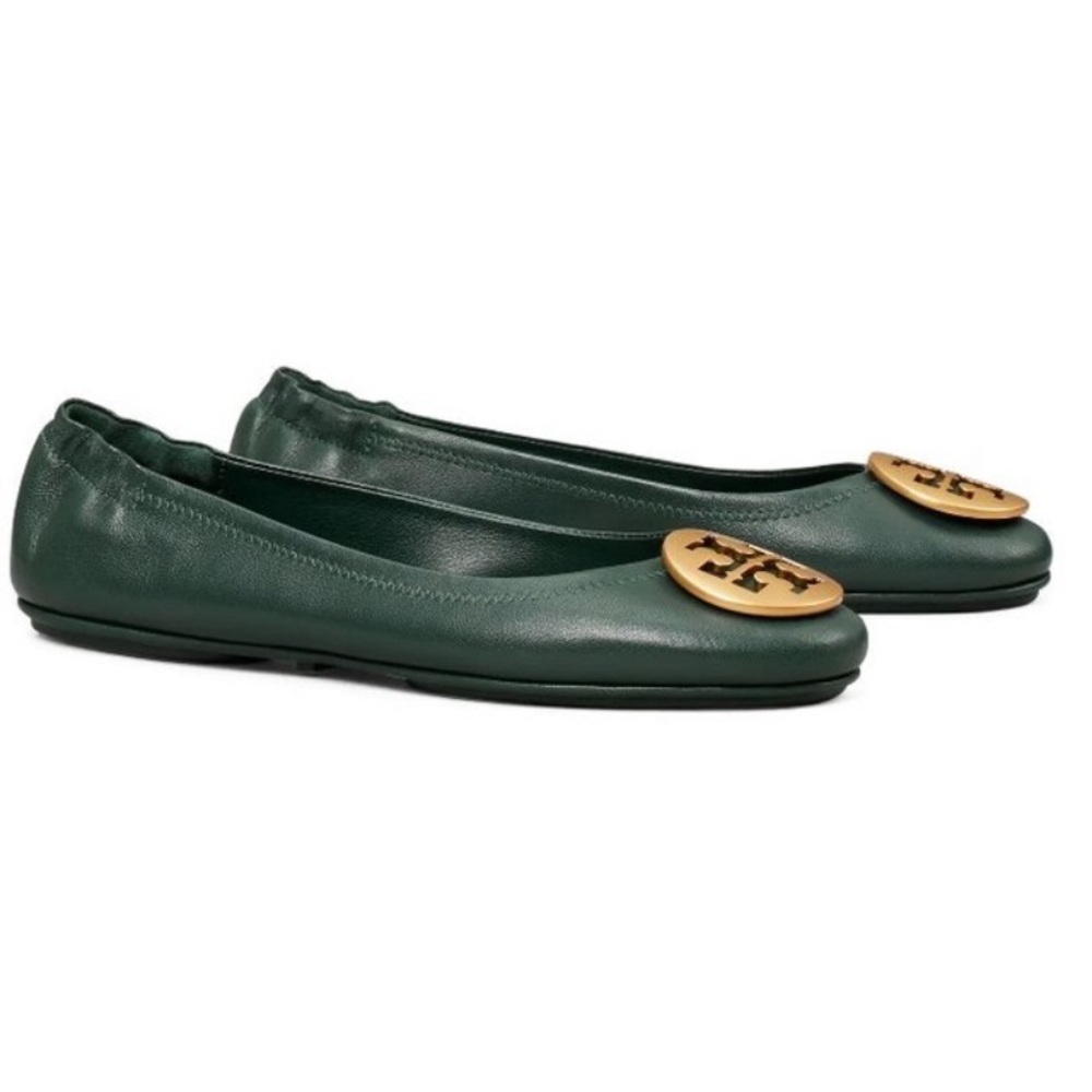 Tory Burch Minnie Leather Travel Ballet Flat Green NWT Size 5
